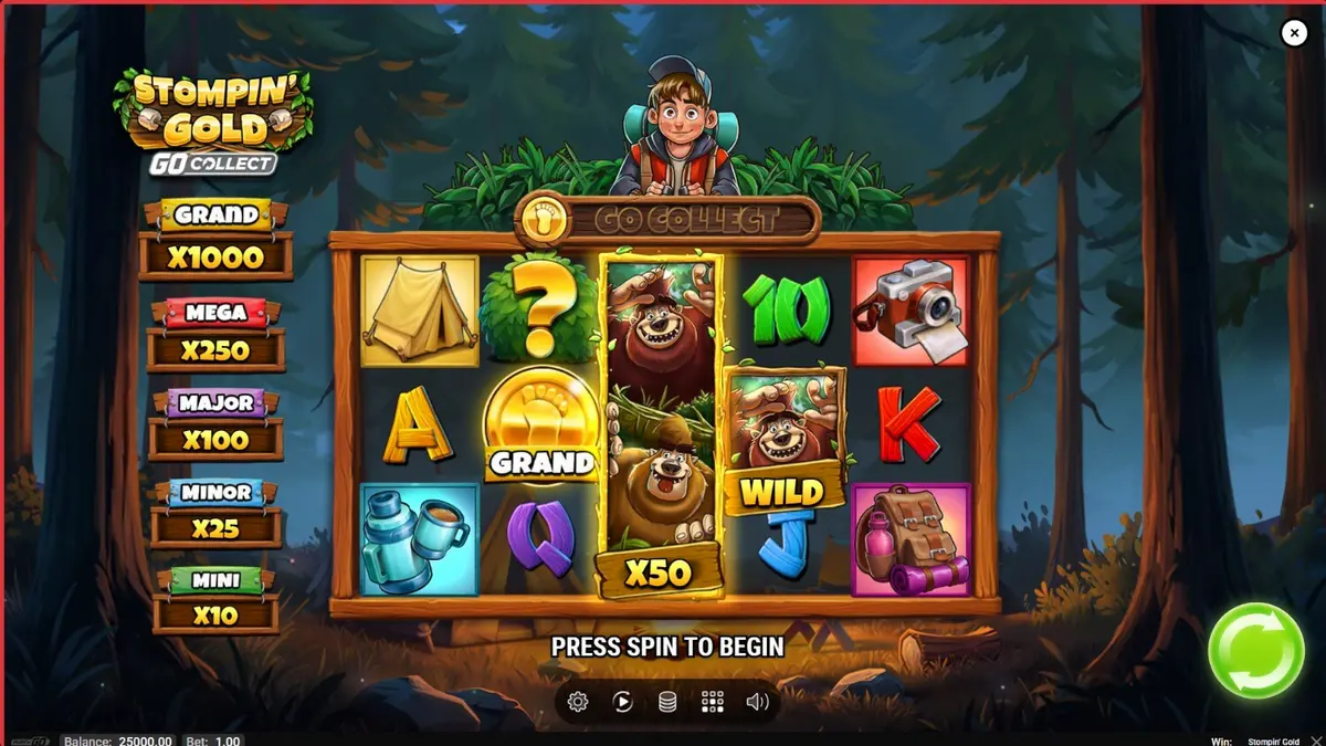 Pemandangan petualangan hutan dalam slot Stompin’ Gold GO Collect dengan karakter yeti.